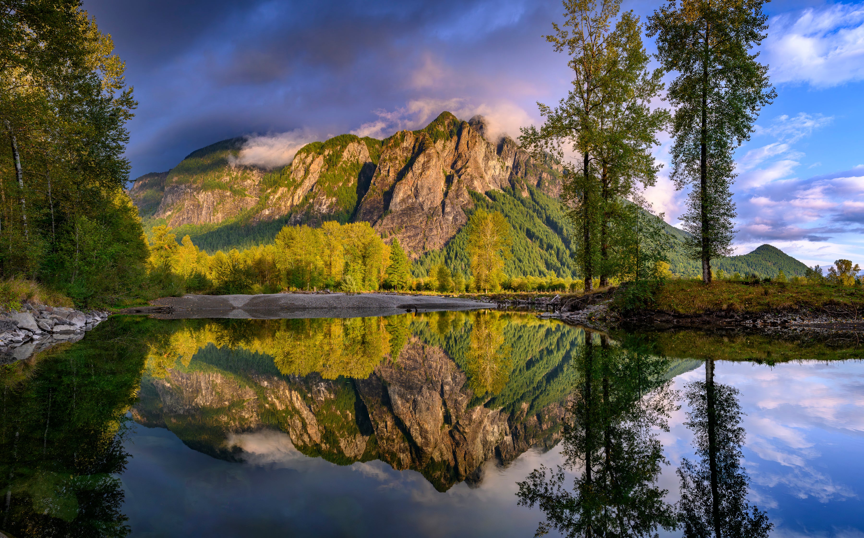 Reflected Golden Sunset on Mount Si in North Fork River Triptych: 30x56 Limited Edition Prints