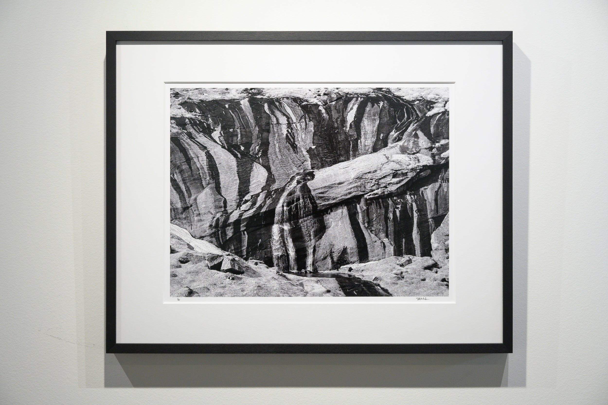 Mineral Stripes and Cascading Water on Granite in Trolldalen: Limited Edition Framed Print