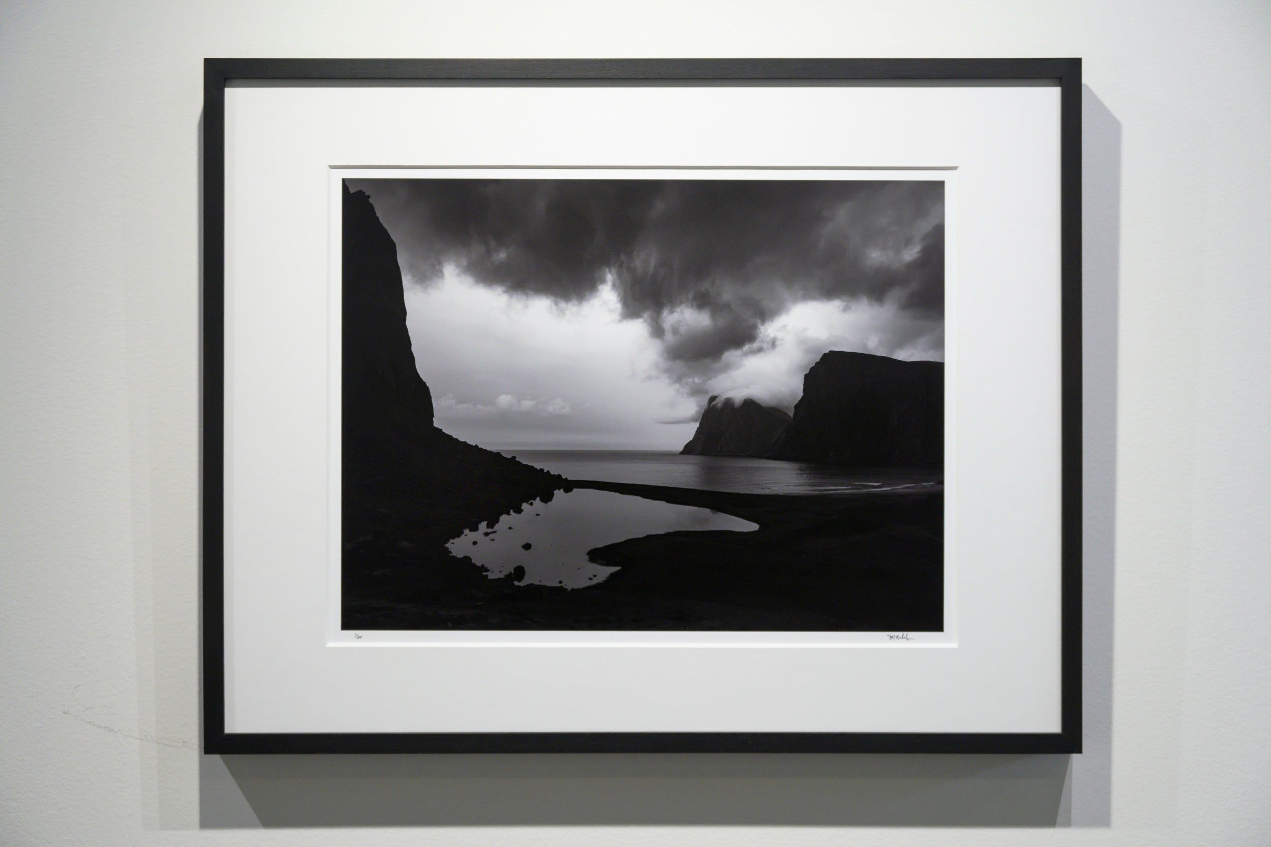 Mirrored Lake above Kvalvika Beach with Building Storm Clouds: Limited Edition Framed Print