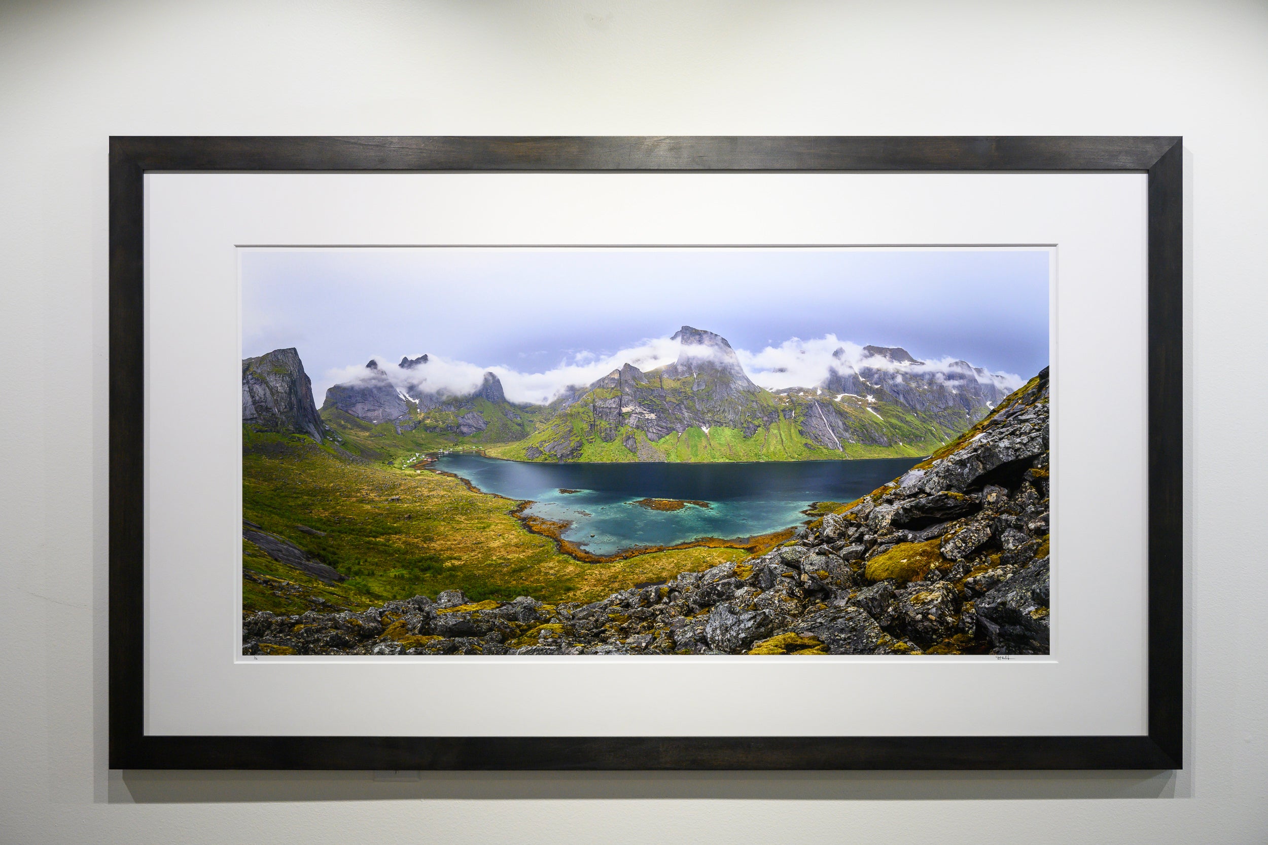 Swirling Summit Clouds above Kjerkfjord: 24x48 Limited Edition Framed Print