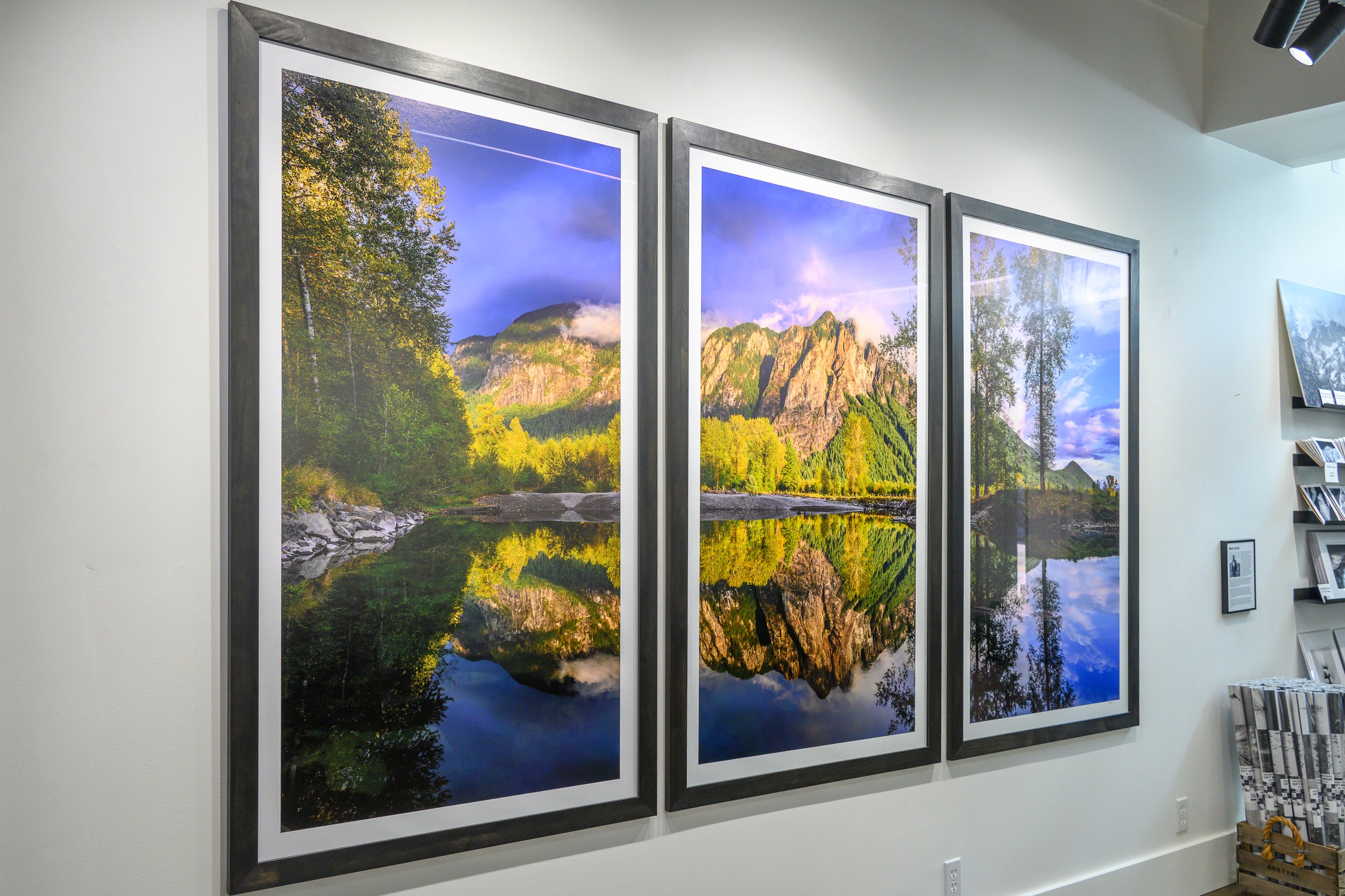 Reflected Golden Sunset on Mount Si in North Fork River Triptych: 30x56 Limited Edition Framed Prints