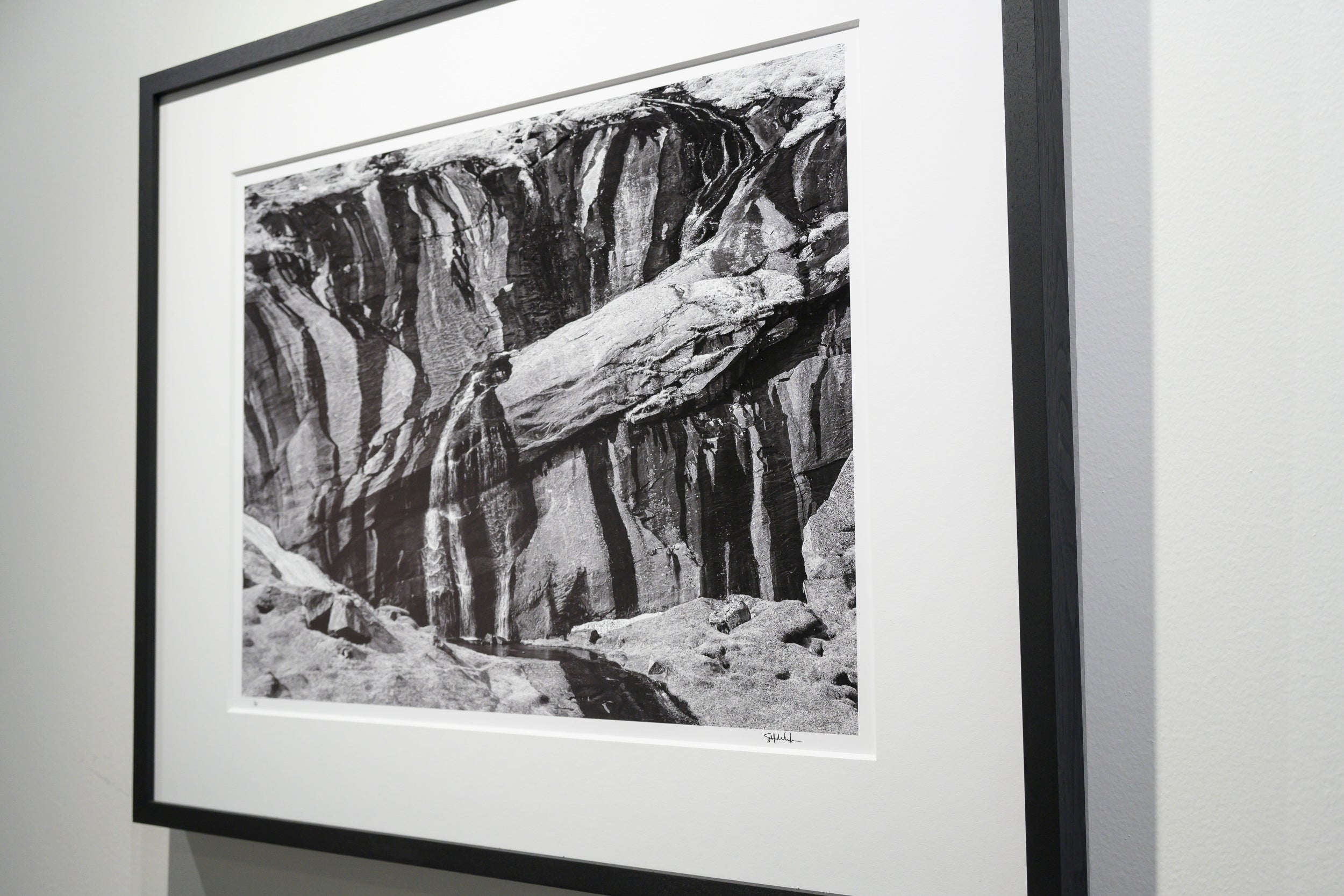 Mineral Stripes and Cascading Water on Granite in Trolldalen: Limited Edition Framed Print