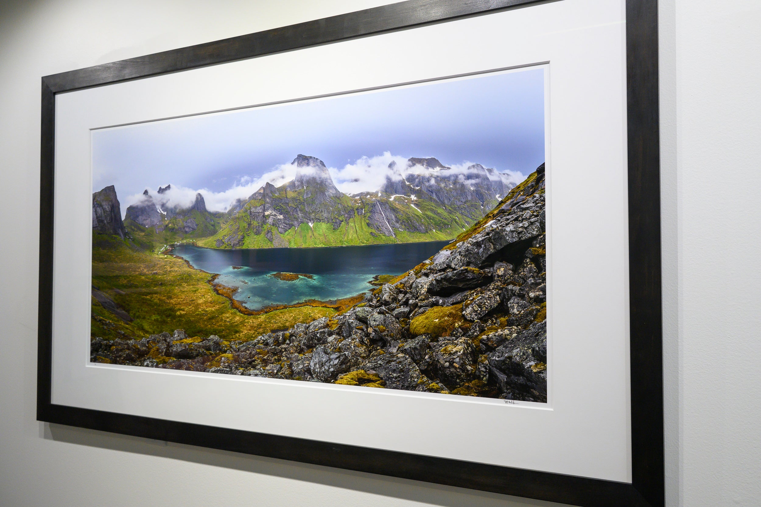 Swirling Summit Clouds above Kjerkfjord: 24x48 Limited Edition Framed Print