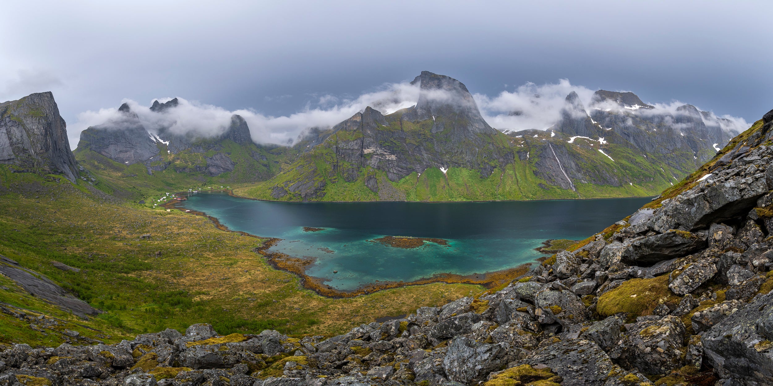 Swirling Summit Clouds above Kjerkfjord: 24x48 Limited Edition Framed Print