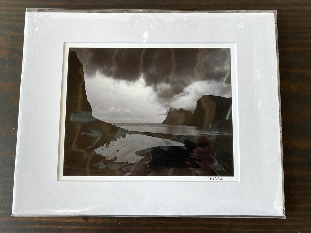 Mirrored Lake above Kvalvika Beach with Building Storm Clouds: 8x10 Open Edition Matted Print