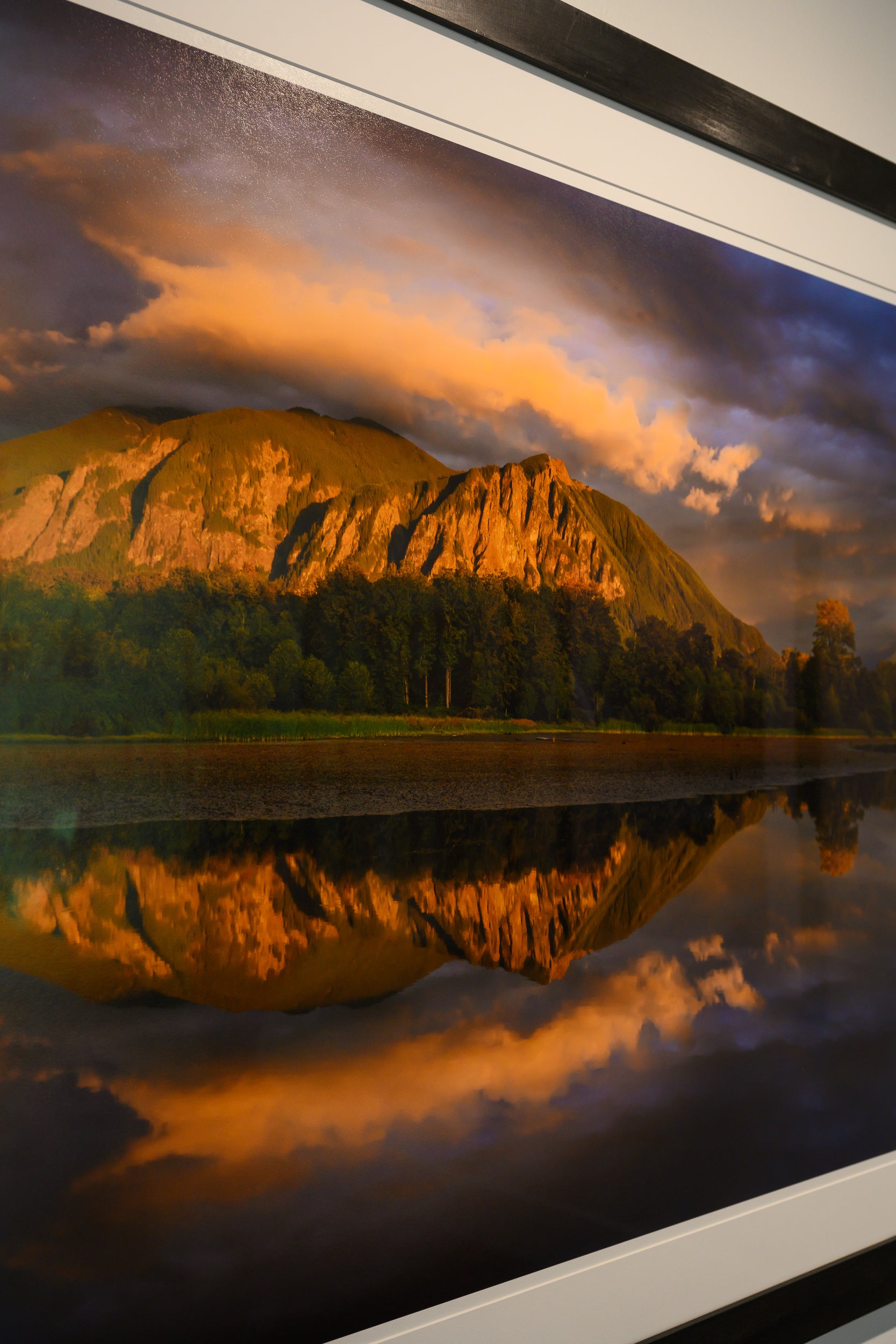 Mount Si Stormy Sunset Reflection Panorama: 30x88 Limited Edition Framed Print