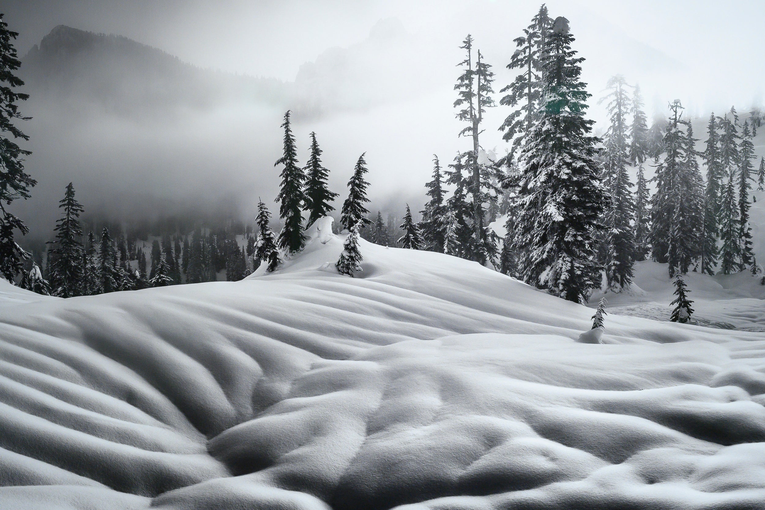Snoqualmie Mountain with Rain Sculpted Snow Panorama: 40x88 Limited Edition Framed Print