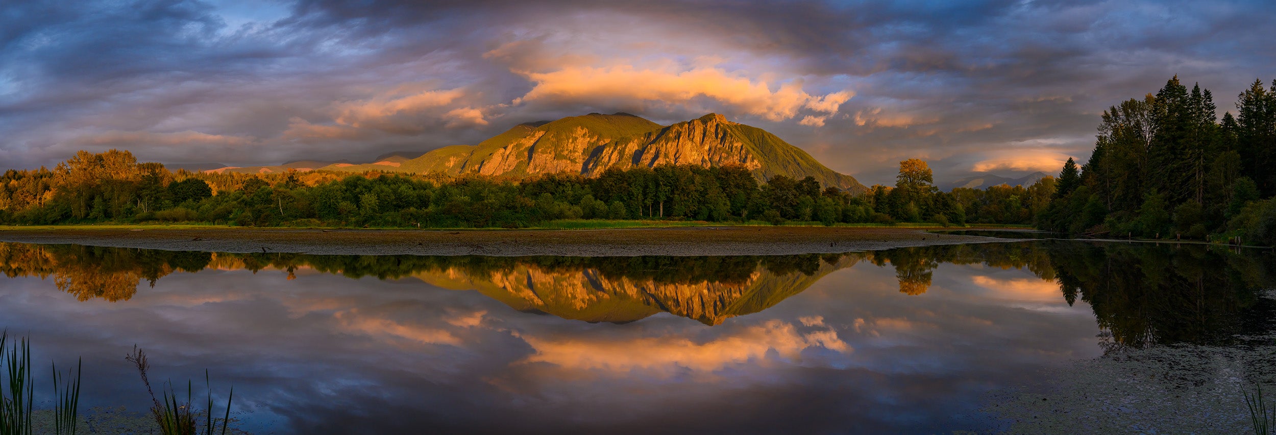 Mount Si Stormy Sunset Reflection Panorama: 30x88 Limited Edition Framed Print