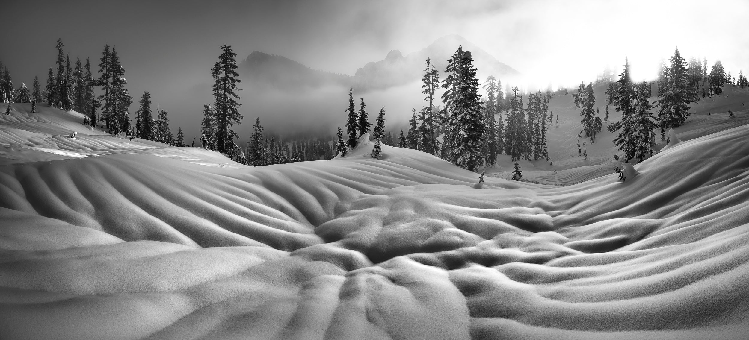 Snoqualmie Mountain with Rain Sculpted Snow Panorama: 40x88 Limited Edition Framed Print