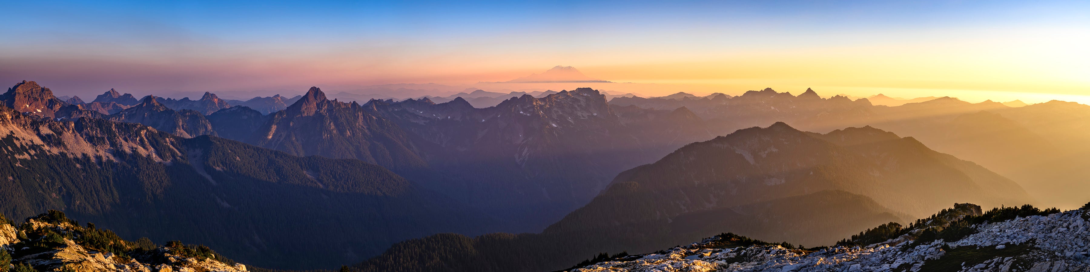 Snoqualmie Mountains at Sunset from Big Snow Summit Panorama: 28x88 Limited Edition Framed Print