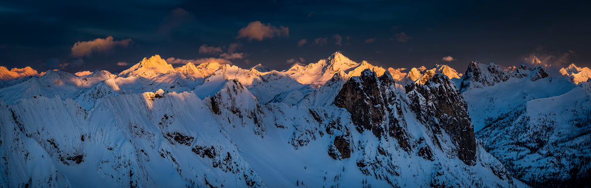 Winter Sunrise on Goode Mountain, Black Peak, Liberty Group and Cutthroat Peak Panorama: 28x88 Limited Edition Print