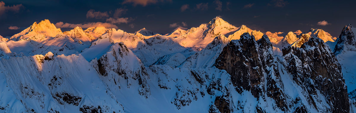 Winter Sunrise on Goode Mountain, Black Peak, Liberty Group and Cutthroat Peak Panorama: 28x88 Limited Edition Framed Print