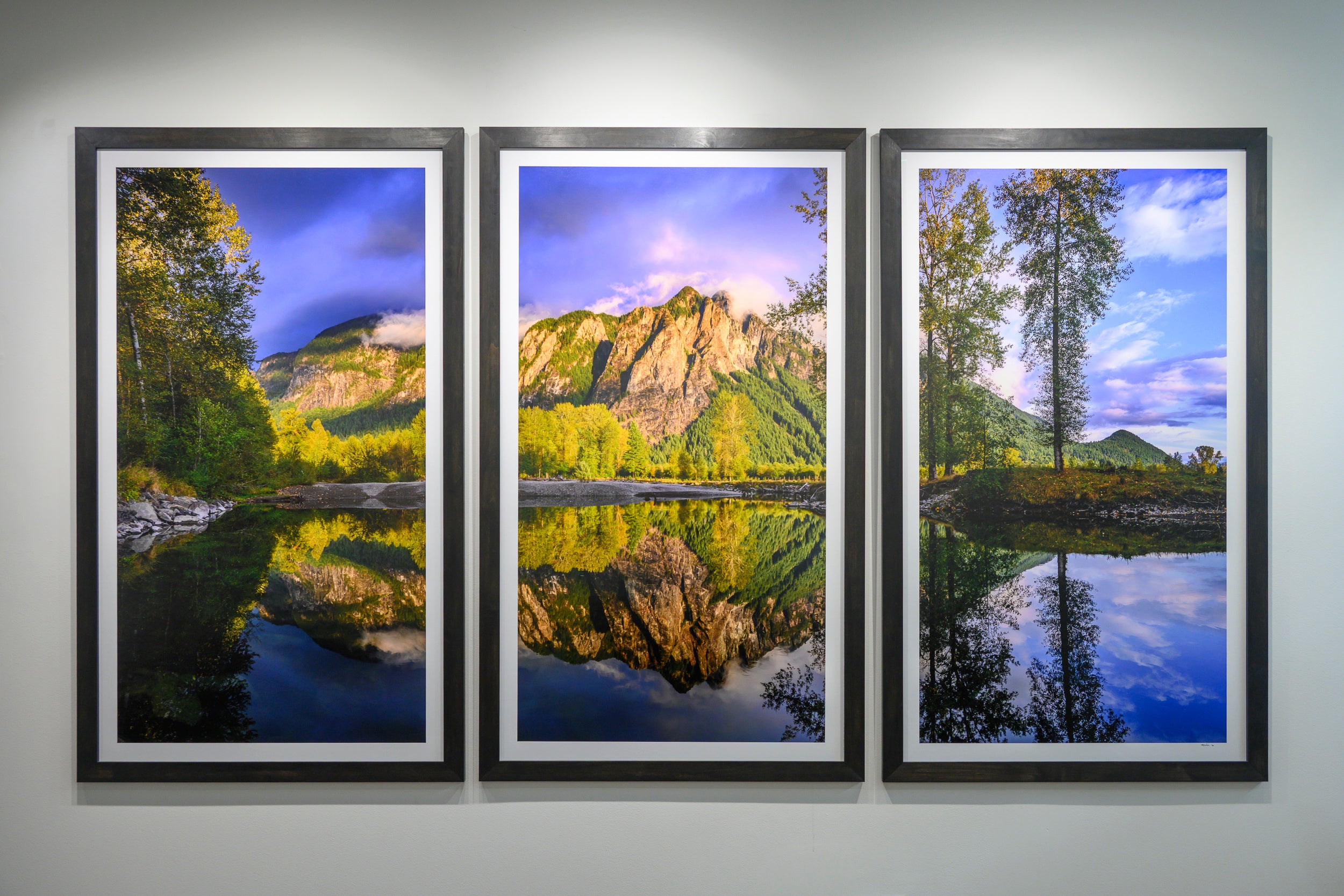 Reflected Golden Sunset on Mount Si in North Fork River Triptych: 30x56 Limited Edition Framed Prints