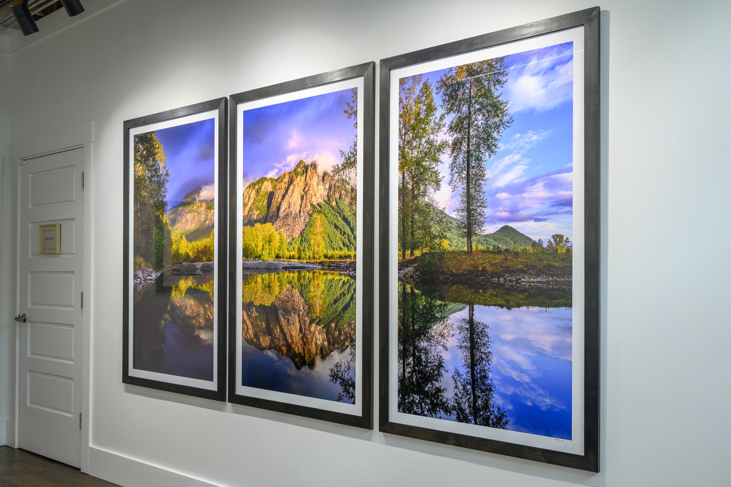 Reflected Golden Sunset on Mount Si in North Fork River Triptych: 30x56 Limited Edition Framed Prints