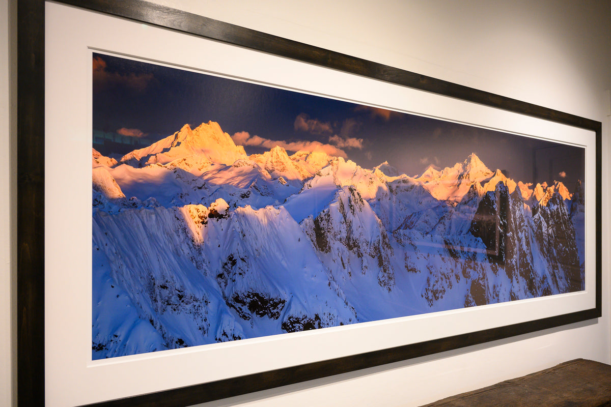 Winter Sunrise on Goode Mountain, Black Peak, Liberty Group and Cutthroat Peak Panorama: 28x88 Limited Edition Framed Print