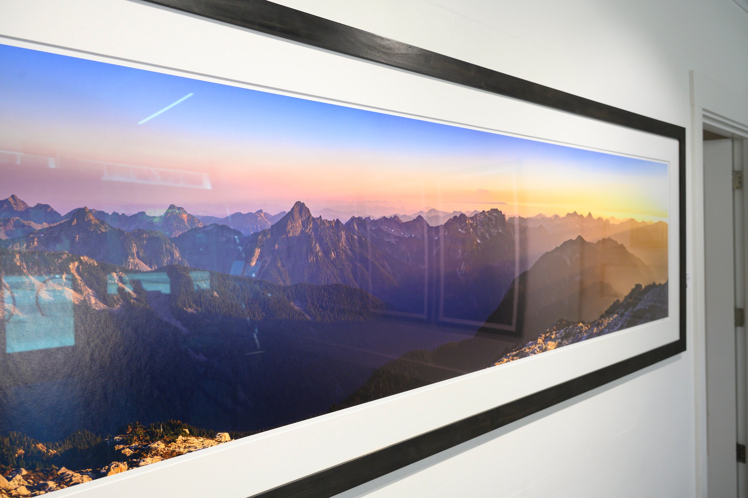 Snoqualmie Mountains at Sunset from Big Snow Summit Panorama: 28x88 Limited Edition Framed Print